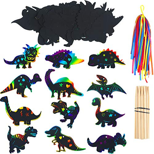 Outus 48 Stücke Dinosaurier kratzbild Bastel Kunst Set mit 24 Stücke Holzstiften und 48 Stücke Bändern für Dinosaurier Geburtstag Party Zubehör