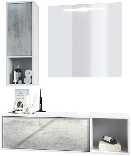 Vladon Set di mobili da Bagno Mobile Contenitore La Costa, Struttura in Bianco Opaco/Frontali in Grigio Cemento ossidato con Specchio LED