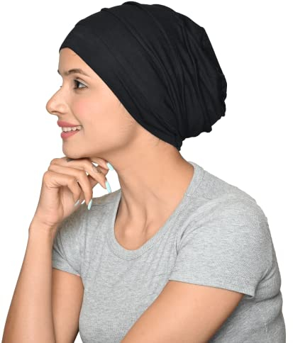 SAKUCHI Damen Chemo Bambus Slouchy Snood Beanie Turbane Kopfbedeckung Hut für Krebspatienten Haarausfall Schwarz