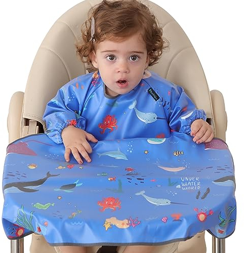 PewinGo Baby Lätzchen mit Ärmeln Hochstühle Können Vollständig Abgedeckt Werden, Wasserdicht, Leicht zu Reinigen, Maschinenwaschbar, Geeignet für Babys von 6 Monaten bis 30 Monaten-Blau
