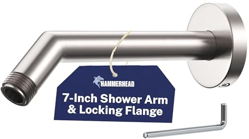 HammerHead® Solid Metal Shower Arm and Flange - 7.5 Inch 304 Stainless Steel Extension Pipe - Universal Shower Head Arm with Flange and Locking Screw, Brushed Nickel