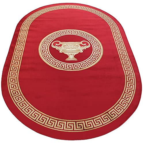 Roter Teppich Oval Wohnzimmer Mäander Amphore Griechisch Muster in rot gold Schlafzimmer Esszimmer Flur mit Fransen - elegant weich Seidenoptik rutschfest öko tex - rot gold, 152x230 cm, Oval