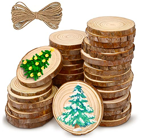 Holzscheiben Runde Holzscheiben Unbehandeltes Holz Kit Holzscheiben mit Rinde 30 Stück 7-8cm Durchmesser 10 mm dick für DIY Deko Basteln Hochzeit Weihnachten