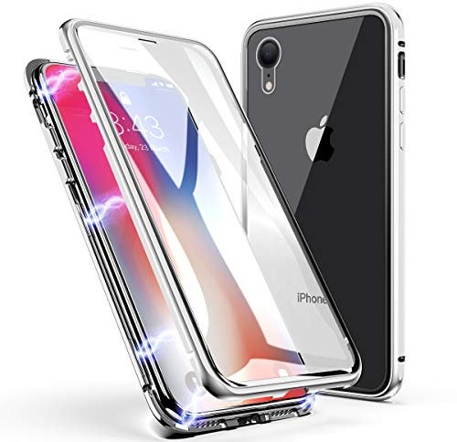 LONYAN kompatibel mit iPhone XR Hülle, Magnetisch Adsorption Handyhülle Vorder-und Rückseite aus gehärtetem Glas Vollbild-Abdeckung Einteiliges Design (Silber)