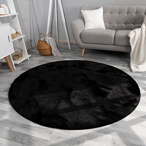 TT Home Wohnzimmer Teppich Hochflor Langflor Kunstfell Weich Modern Unifarben Flauschig, Farbe: Schwarz, Größe:80 cm Rund