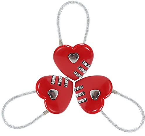 3 Pcs Red Heart Shape Code Lock, Wire Rope 3 Digit Combinations Padlock, Mini Code Lock for Travel Luggage Bags, Suitcase, Lockers, Backpacks, Jewelry Boxes