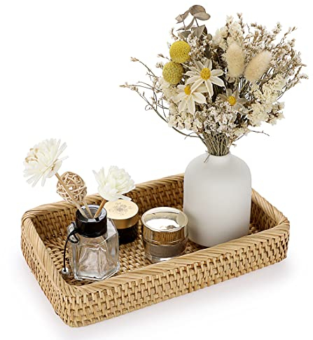 IGNPION Bandeja de ratán para servir decorativa, bandeja de almacenamiento, bandeja de almacenamiento para tanque de inodoro, bandeja organizadora de escritorio para cocina, maquillaje, tocador,
