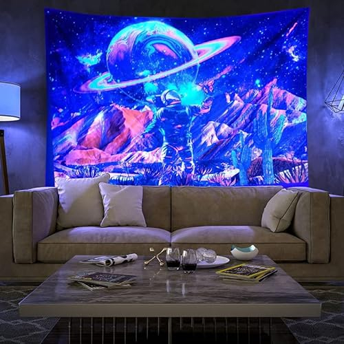 Lsimeru Schwarzlicht Wandteppich Psychedelic Universum Planeten Astronaut Wandbehang Wandtuch Sternenhimmel Berge UV Aktiv Wandtücher Wanddeko Tapisserie Tapestry,200x150