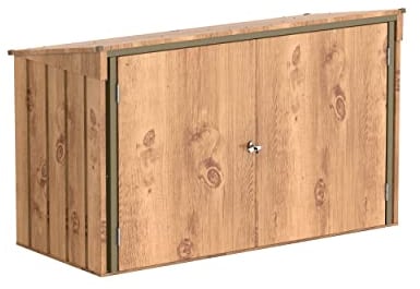 Duramax Mülltonnenbox für 3, Unterstand für 3 Mülltonnen mit Öffnung von oben und abschließbaren Doppeltüren, Lagerunterstand aus Metall, Verstecke für rollende Mülltonnen, Holzmaserung