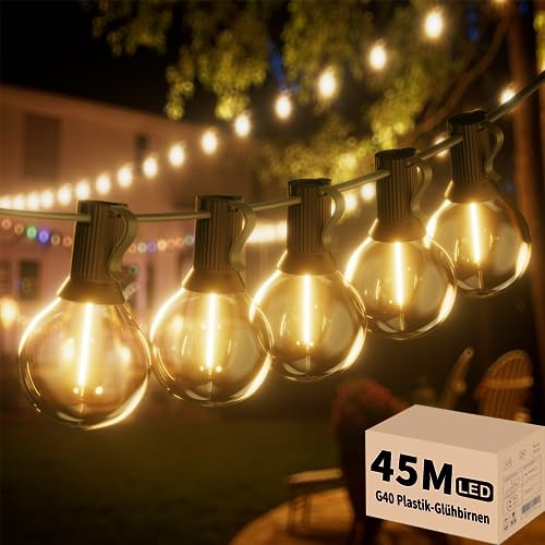 Yuucio Outdoor Lichterkette Außen 45M, LED Glühbirnen Aussen Mit 75+2 G40 PlastikBirnen, Wasserdicht IP44 Hängende lichterketten Strom für Garten, Terrasse, Party, Café 2700K Warmweiß