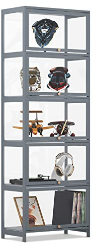 MoNiBloom 5-Tier Clear Display Case for Figures, 65.5 High Showcase Display Cabinet with Flip Acrylic Doors, Bamboo Tall Liquor Storage Cabinet Floor Standing Transparent Showcase for Entryway, Grey