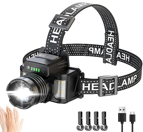 PEAKRO Torcia Frontale LED Ricaricabile 50000 lumen, Lampada Frontale con Sensore di gesti, 3+3 Modalità con luce rossa blu, Lampada da Testa IP65 Impermeabile Regolabile per Campeggio,Pesca,Corsa