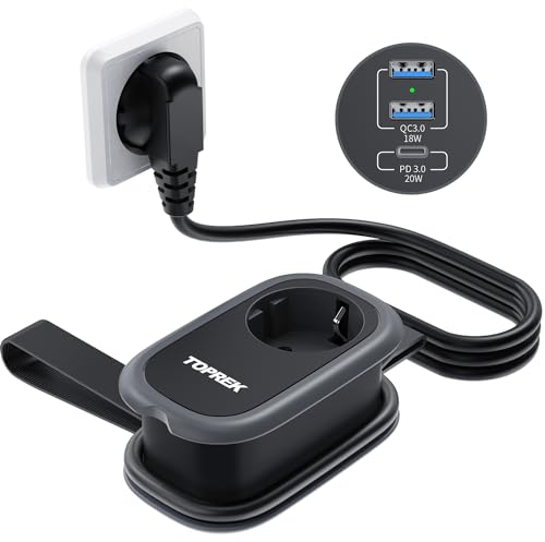 Reise Steckdosenleiste mit 3 USB Schnelllade, 4000W/16A Mehrfachsteckdose, Mehrfachstecker Verteilersteckdose Überspannungsschutz mit 1,13M Umwickeltes Verlängerungskabel Schwarz