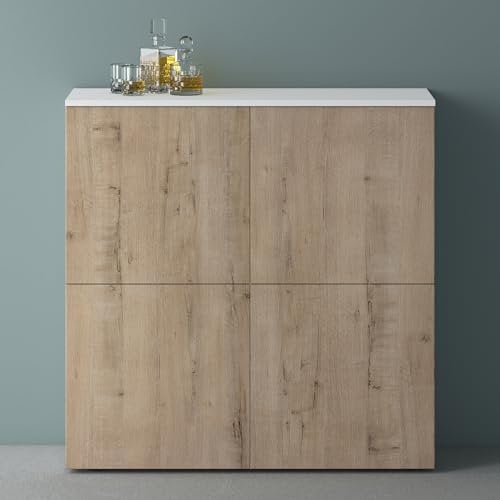 Mai & Mai Möbel Kommode Aufbewahrungsschrank mit 4 Türenin Weiß matt + Eiche Greige Sideboard Schrank Mehrzweckschrank BTH: 100x36,4x98 cm Schrank04