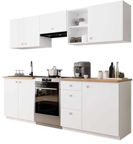 Mirjan24 Küche Brinka 240/180 cm, Küchenblock/Küchenzeile, 7 Schrank-Module frei kombinierbar (Weiß/Weiß + Artisan Eiche, ohne Beleuchtung)