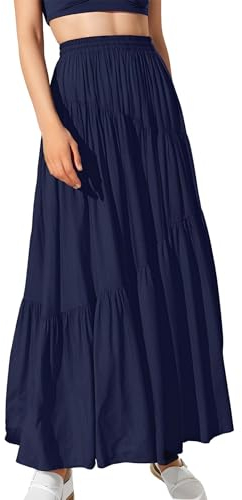 Cnlinkco Maxirock für Damen, Boho-Stil, elastisch, hohe Taille, plissiert, A-Linie, fließend, asymmetrisch, gestuft, langer Rock mit Taschen, Tiefes Blau, X-Groß