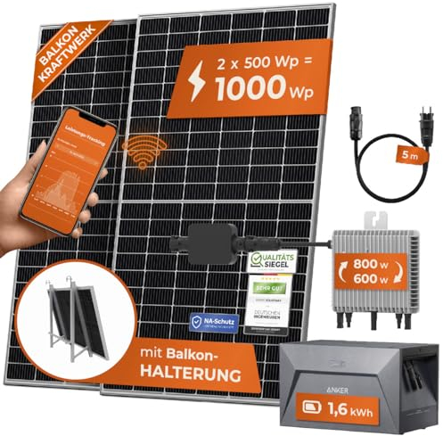 Solarway® All In One Balkonkraftwerk mit Speicher 1000W komplett Steckdose - 1,6 kWh Anker Solix 2 PRO Speicher - Solaranlage Komplettset - 500W Solarmodule & Anker Speicher & Zubehör