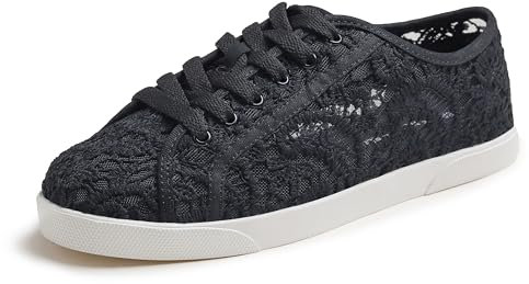 BREEZE NOUTHERLY Damen Klassische Ballerinas Profilsohle Glänzende Paillette Flach，Schwarze gehäkelte Plimsolls zum Schnüren 38