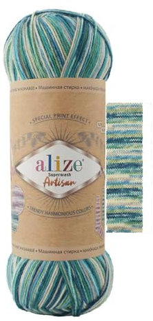 100g Sockenwolle Alize Superwash Artisan 75% Wolle Strickwolle Häkelgarn Farbwahl, Farbe:9001 Flussaue