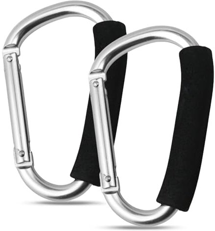Large Buggy Clips - 2Pcs Heavy Duty Carabiner Clips With Cushion Foam - Pram Hooks for Bags, Buggy | Aluminum Pram Clips (Silver)