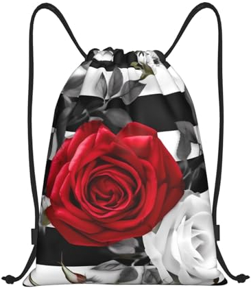 VducK Turnbeutel mit Kordelzug, Rucksack mit Kordelzug, für Sport, Turnbeutel, schwarz, weiß, gestreift, rote Rose, Blumen, Sporttaschen für Reisen, Schwarz , S