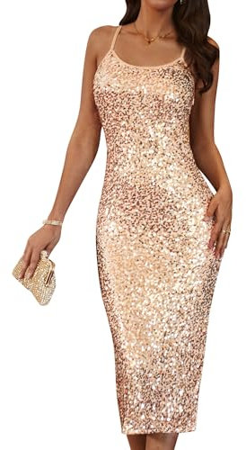 GRACE KARIN Damen Ärmellos Lang Abendkleid für Hochzeit Elegant Glitzer Pailletten Cocktailkleid Champagner Gold 44