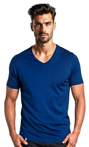 ALPIN LOACKER Merino Shirt Herren Kurzarm I Antischweißshirt I Merinowolle Tshirt I Thermooberteil atmungsaktiv, V-Neck Blau L