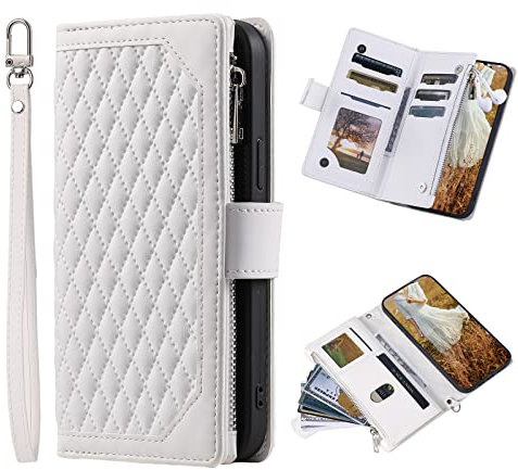 Wuhaizher for iPhone 16 Plus Phone Case Zipper Pocket Flip Shockproof Leather Folio Wallet Case with 6 Card Holder Slots Stand Silicone Bumper Zip Cover for iPhone 16 Plus, White