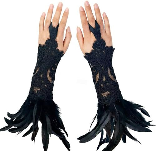 AhhiAboo 1 Paar Lange Handschuhe Damen, Schwarze, Spitzenhandschuhe, mit Federn, Fingerlose, Maleficent Kostüm für Karneval, Halloween, Bühnenaufführung, Cosply