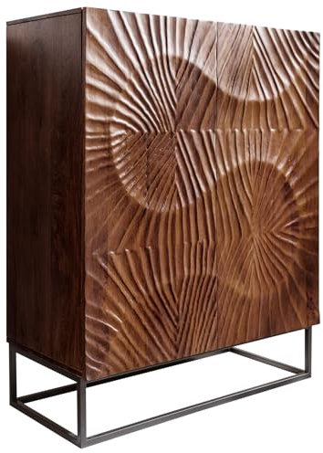 Riess Ambiente Massives Highboard Scorpion - 120cm - Dunkelbraun Akazie - mit 3D Schnitzereien schwarz Metall