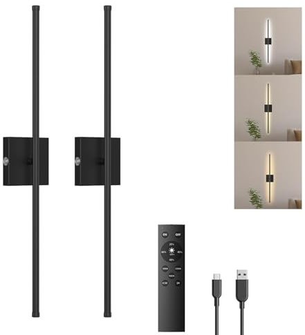 Paquete de 2 luces LED de pared que funcionan con pilas, luces de pared recargables inalámbricas para interiores con rotación de 360° y control remoto, lámpara de aplique lineal de tira larga regulabl