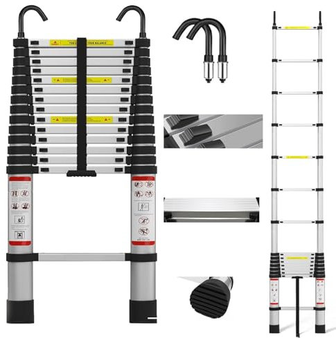 Teleskopleiter, 4,4 m, Aluminium und rutschfeste Füße, leichte zusammenklappbare Leiter, 150 kg Kapazität
