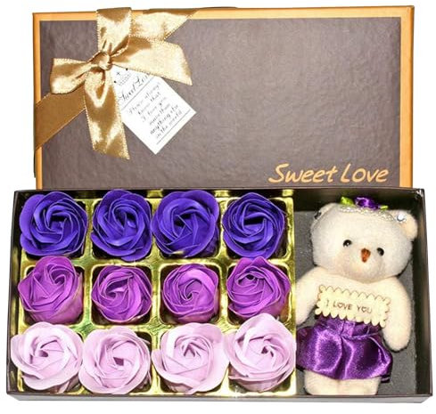 Binnan 12pcs Rose Fleur de Savon, Savon Rose Fleur Coffret, Rose Fleur Savon Fleur avec Boîte à Cadeau Ours, Savon à la Rose, Ours en Peluche Saint Valentin Fête des Mères Cadeau