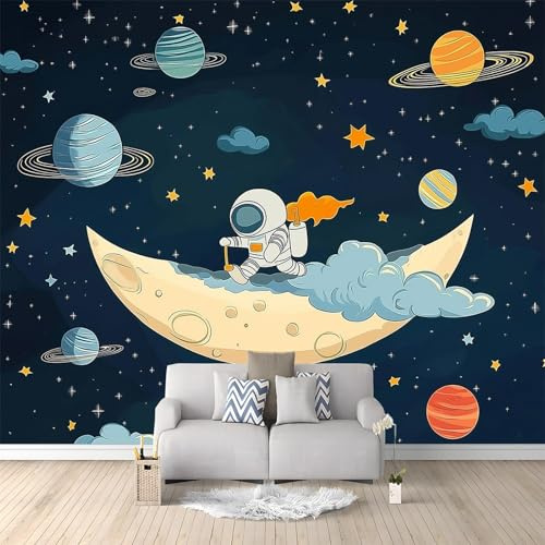 Panoramatapete 400 x 280 cm, Cartoon-Astronaut Mond Motivtapete für Spielbereiche und Kinderkrippe, Dunkelblau