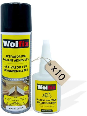 Wolfix Colla Cianoacrilica con Attivatore (100g+400ml) x10 – Super Attack Professionale per Plastica, Legno, Metallo – Colla con Attivatore Spray Extra Forte per Riparazioni Professionali
