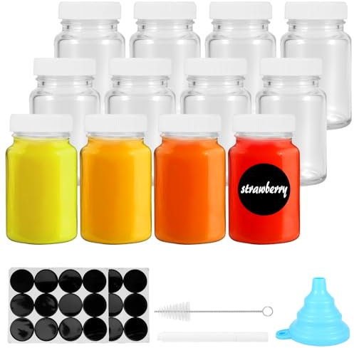 12 Pack Shot Bottles with Lids, 2oz/60ml Juice Glass Mini Shots Bottles for Juice Ginger, Small Glass Jars with Label, Pen, Brush, Funnel