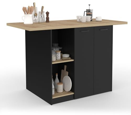 IDMarket – Ilot central BAO 140 cm 4 personas madera negra con encimera de haya