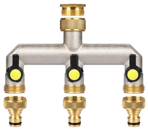 ilauke 3-Wege Wasserhahn Wasserverteiler, Verteiler Wasser 3/4 Zoll Messing Wasseranschluss Verteiler mit 2 Stück 3/4 Zoll auf 1/2 Zoll Hahnanschluss für Haus, Hof, Waschmaschine, Gartenschläuche
