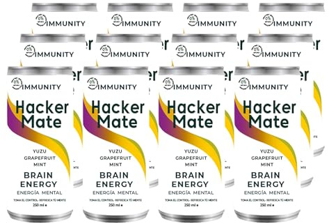 HACKER MATE - Immunity 12 Latas x 25 cl, Bebida Natural con Yerba Mate, Melena de León, Yuzu, Lima, Menta y Pomelo, Energía Cerebral, Bebida con Energía, Mejora Funciones Cognitivas y Estado de Ánimo