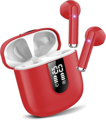 Jesebang Cuffie Bluetooth, Auricolari 5.4 con Stereo HiFi Immersivo, Auricolare con 4 HD Mic, Mini Cuffiette Bluetooth IP7 Impermeabili,Cuffie Senza Fili per iphone/samsung,LED,30 Ore, Rosso(2025)
