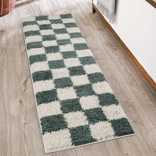 Chester Checkered Soft Shaggy Hallway Runner Rug, Jade Green, 60x220cm