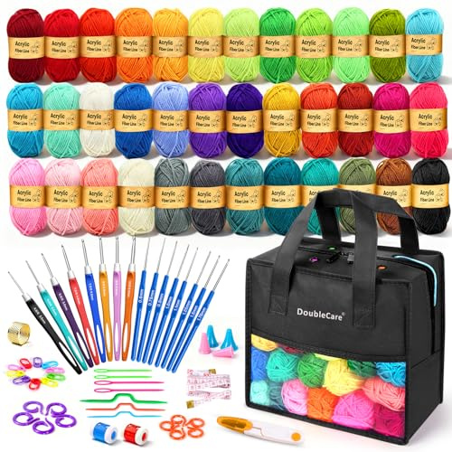 DoubleCare 90 Stück Häkelset für Anfänger | 1575 Yards Garn in 36 Farben, 54-Teiliges Häkelzubehör-Set Inklusive Ergonomischer Häkelnadeln für DIY-Amigurumi, Schals