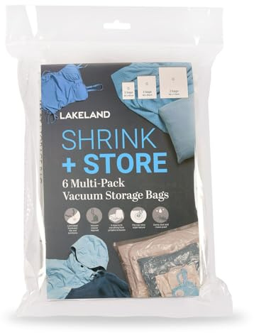 6 Lakeland Shrink & Store Vacuum Bags 2 Small, 2 Medium, 2 Large Flip-cap valve works with most vacuums