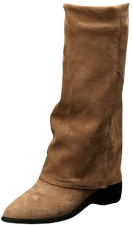 Stivali Invernali Donna,Donna Stivali Alti Invernali Senza Tacco Eleganti Texani Scarpe di Media Altezza Cowboy Stivaletto con Tacco Texani Stivaletti con Ghetta Risvolto