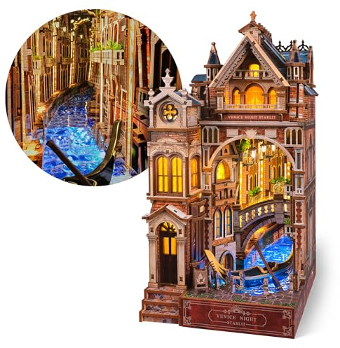 FUNPOLA Venice Night Starlit Book Nook Kit – LED 3D Holzpuzzle mit Infinity-Spiegel – DIY Bücherregal-Dekoration, Miniatur-Bastelgeschenk für Kinder und Erwachsene (Venedigs Sternennacht)