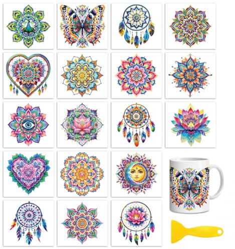 Peacoblue Rub on Aufkleber,Boho Mandala Traumfänger Transfersticker UV DTF | 18 Blatt wasserfeste UV DTF sticker Rub On Folien für Holz, Glas, Metall, Becher, Spiegel und DIY Wohndekoration