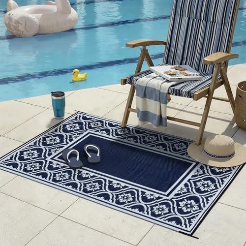 PureCozy Outdoor Teppich Wetterfest, 120x180cm Blau Wendbarer Balkon Camping Teppich Leichtgewicht Picknickdecke Kunststoff Terrasse Matte UV-beständige Wasserdichter Garten RV für Strand