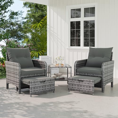 UDPATIO 5 PCS Rattan Garden Furniture Set, Wicker Patio Conversation Set with 2 Cushionsed Chairs, 2-Tier Coffee Table, 2 Ottomans for Outdoor, Balcony, Backyard (Grey-Mottled & Dark Grey Cushion)