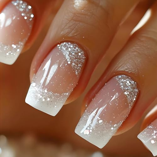 Medium Length French Tip False Nails - 24 Pieces Sparkly Silver Glitter Square Press on Nails - 12 Sizes Fake Nails with Glue - Elegant Full Cover Stick on Nails with Nail File & Nail Sticky Tabs