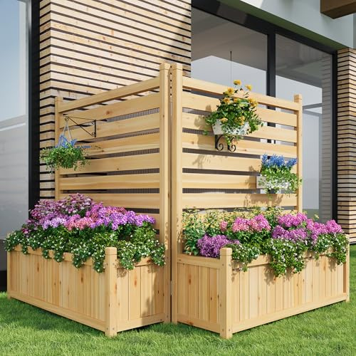 GarveeHome 2-Panel Outdoor Wooden Privacy Fence with Planter Box – Freestanding Garden Screen for AC Units, Trash Cans & Patio – Decorative Divider with Easy Planting – Size: Two Flower Pots
